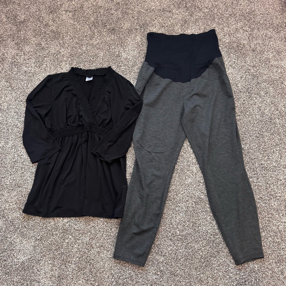 Black Top and Gray Maternity Pants Set